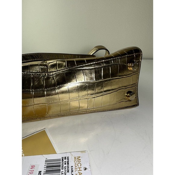 Michael Kors Gold Karla Satchel Shoulder Bag Handbag Purse Embossed Leather - Picture 11 of 16